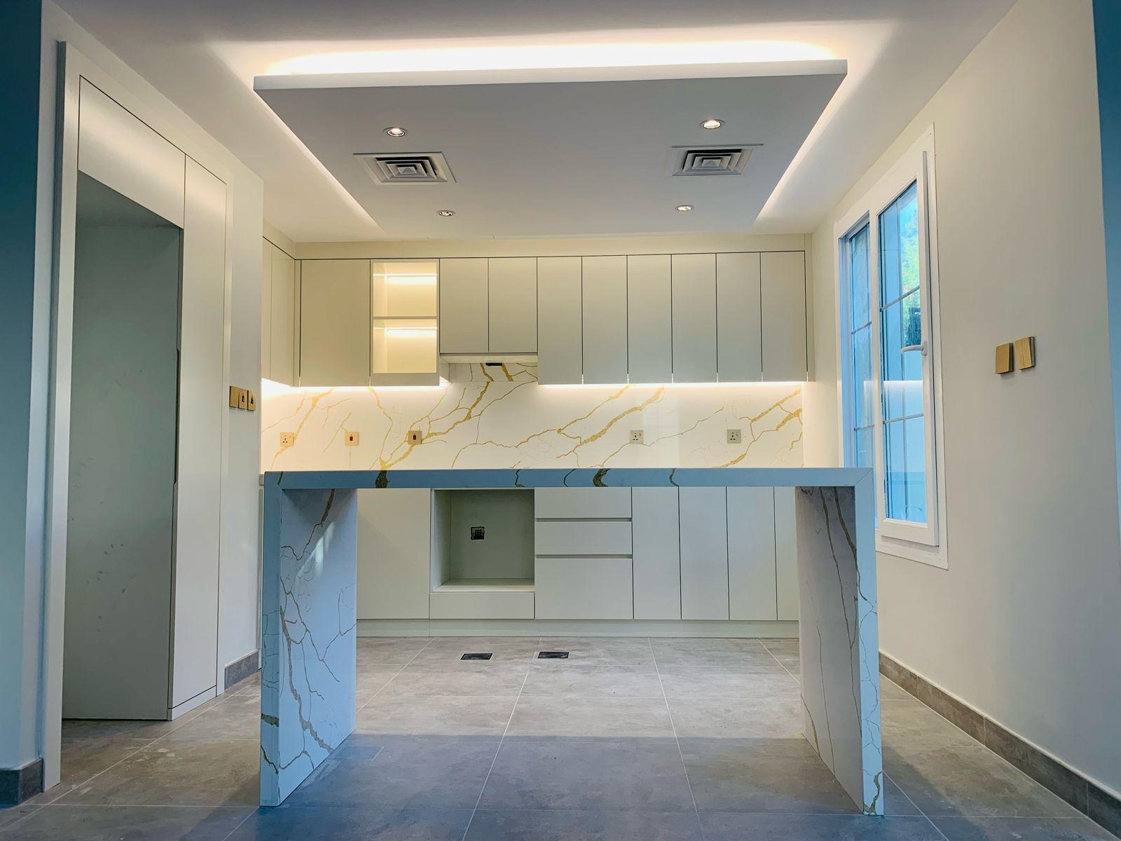 Kitchen island and overhead unit detail — LED ceiling cove lighting