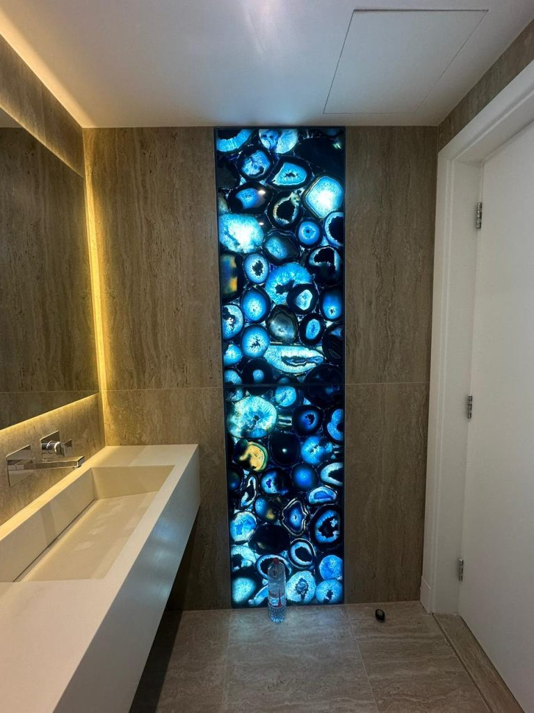 Projects We Have Done 23 Backlit precious stone kitchen island at Canal Front CF09A by ASM Interiors Dubai