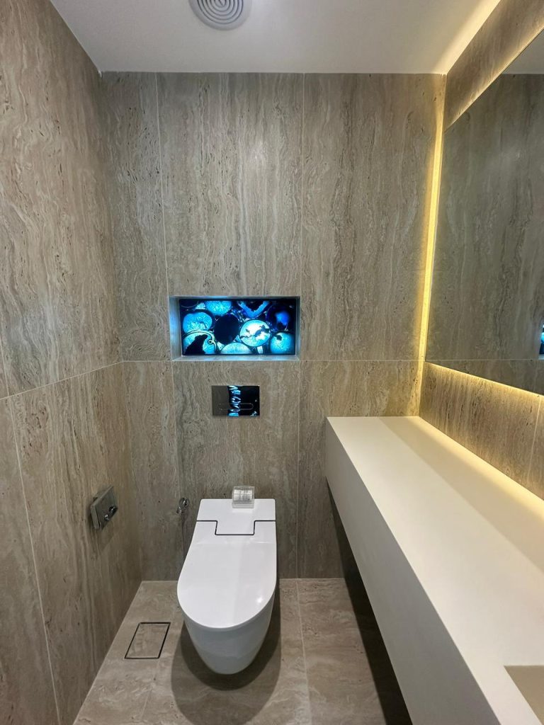 Projects We Have Done 34 Bathroom renovation with backlit precious stone feature at Canal Front CF09A by ASM Interiors