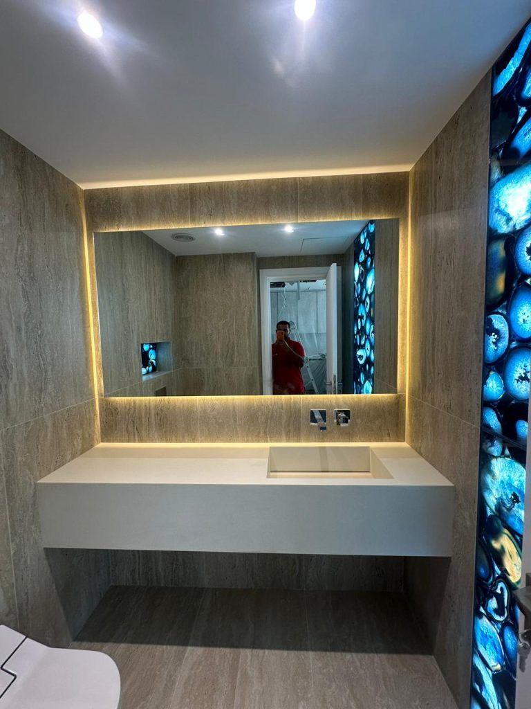 Projects We Have Done 35 Bathroom renovation with backlit precious stone feature at Canal Front CF09A by ASM Interiors