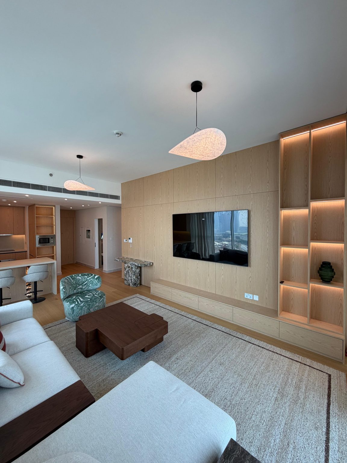 Canal Front apartment living room with lit timber shelving wall and open kitchen